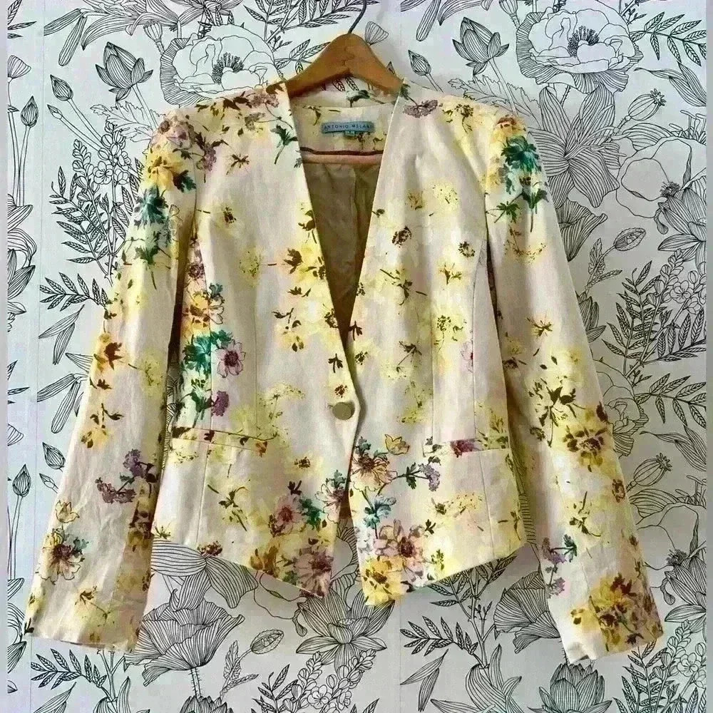 ANTONIO MELANI Floral Yellow Blazer Size 6 - Picture 2 of 6